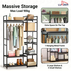 Lukzer Heavy Duty Garment Rack with 8 Shelves & Hanging Rod (MMR-004/Black & Black)