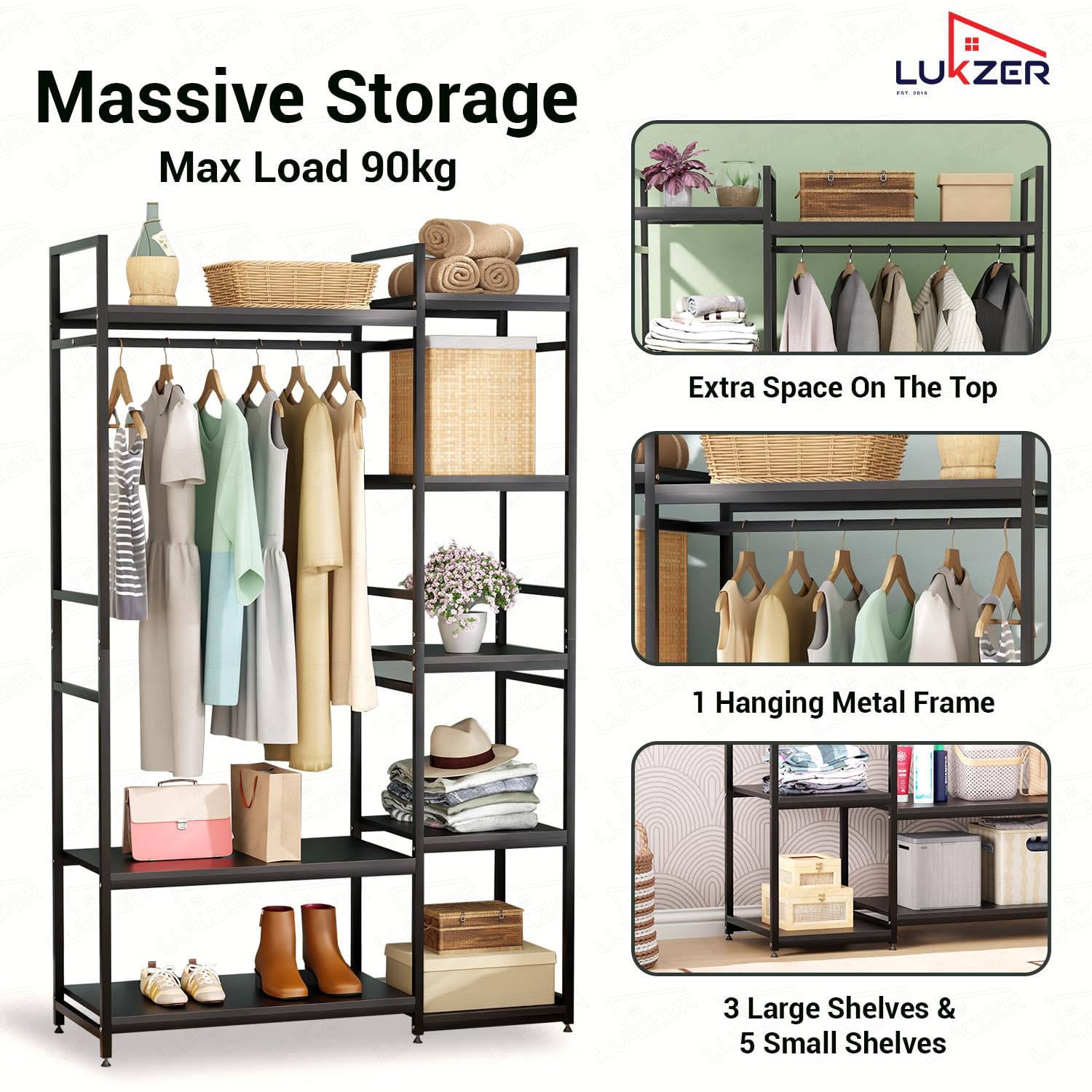 Lukzer Heavy Duty Garment Rack with 8 Shelves & Hanging Rod (MMR-004/Black & Black)