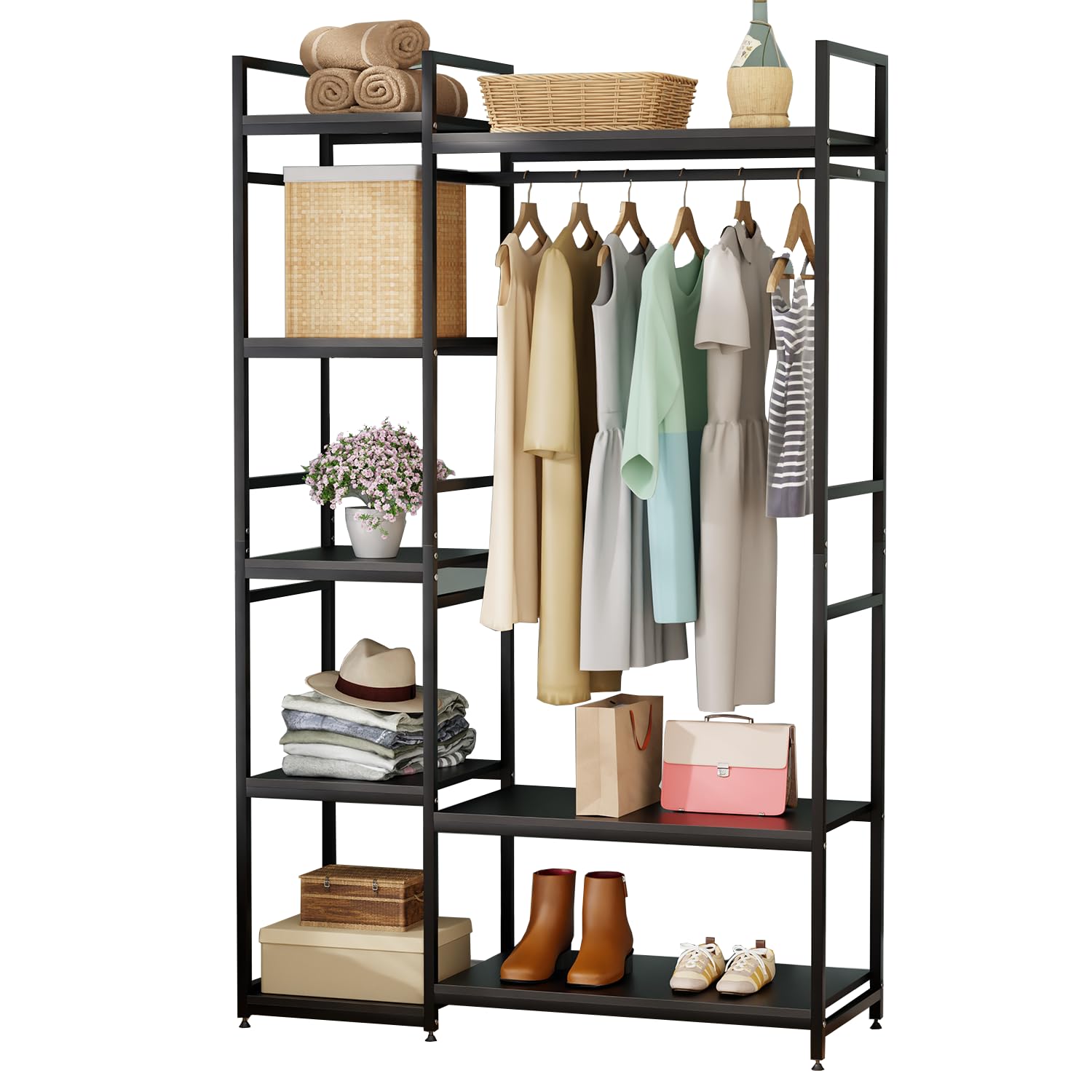 Lukzer Heavy Duty Garment Rack with 8 Shelves & Hanging Rod (MMR-004/Black & Black)
