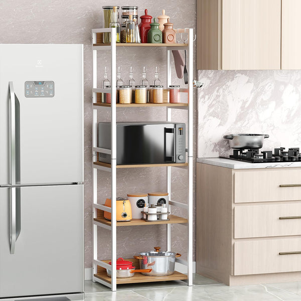 Lukzer 5-Tier Multipurpose Metal & Wood Kitchen Storage Rack (MKR-005/Oak Light with White)