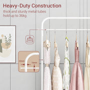 Lukzer Metal Clothes Rail Stand with Leather Storage Bin & Wheels (MGR-009/White)