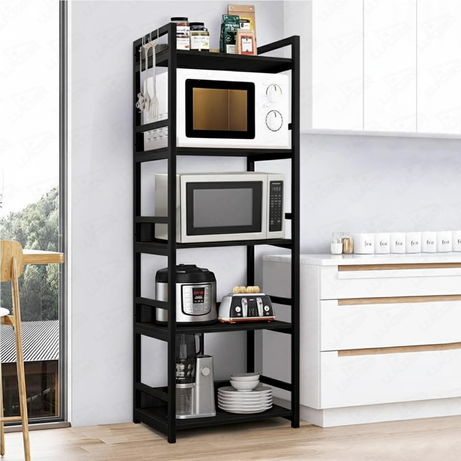 Lukzer 5-Tier Multipurpose Metal & Wood Kitchen Storage Rack (MKR-005/Black & Black)