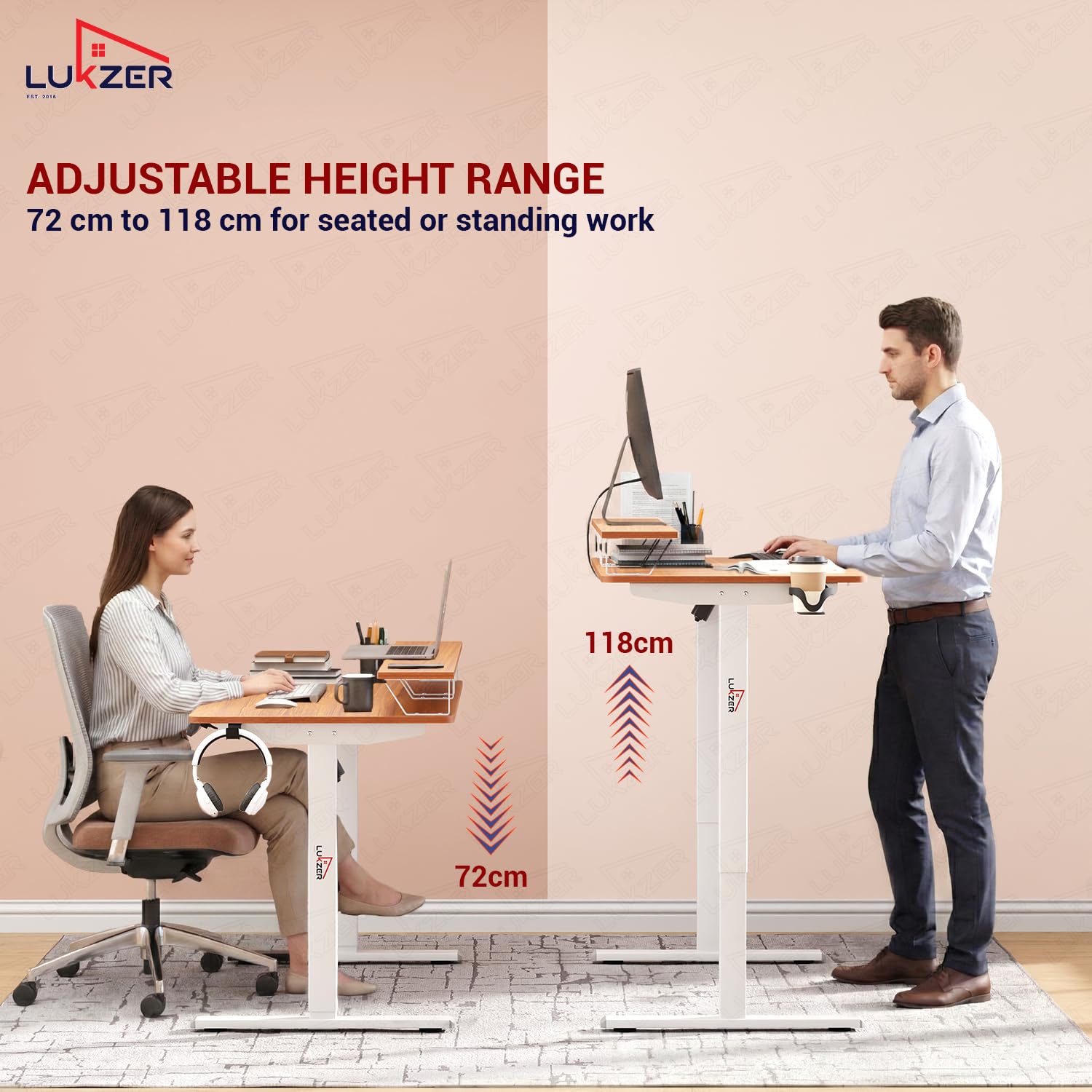 Lukzer Electric Height Adjustable Desk with Monitor Riser USB & Type-C Sit-Stand Table (EST-004-UC/White & Oak Brown) 3-Years Warranty