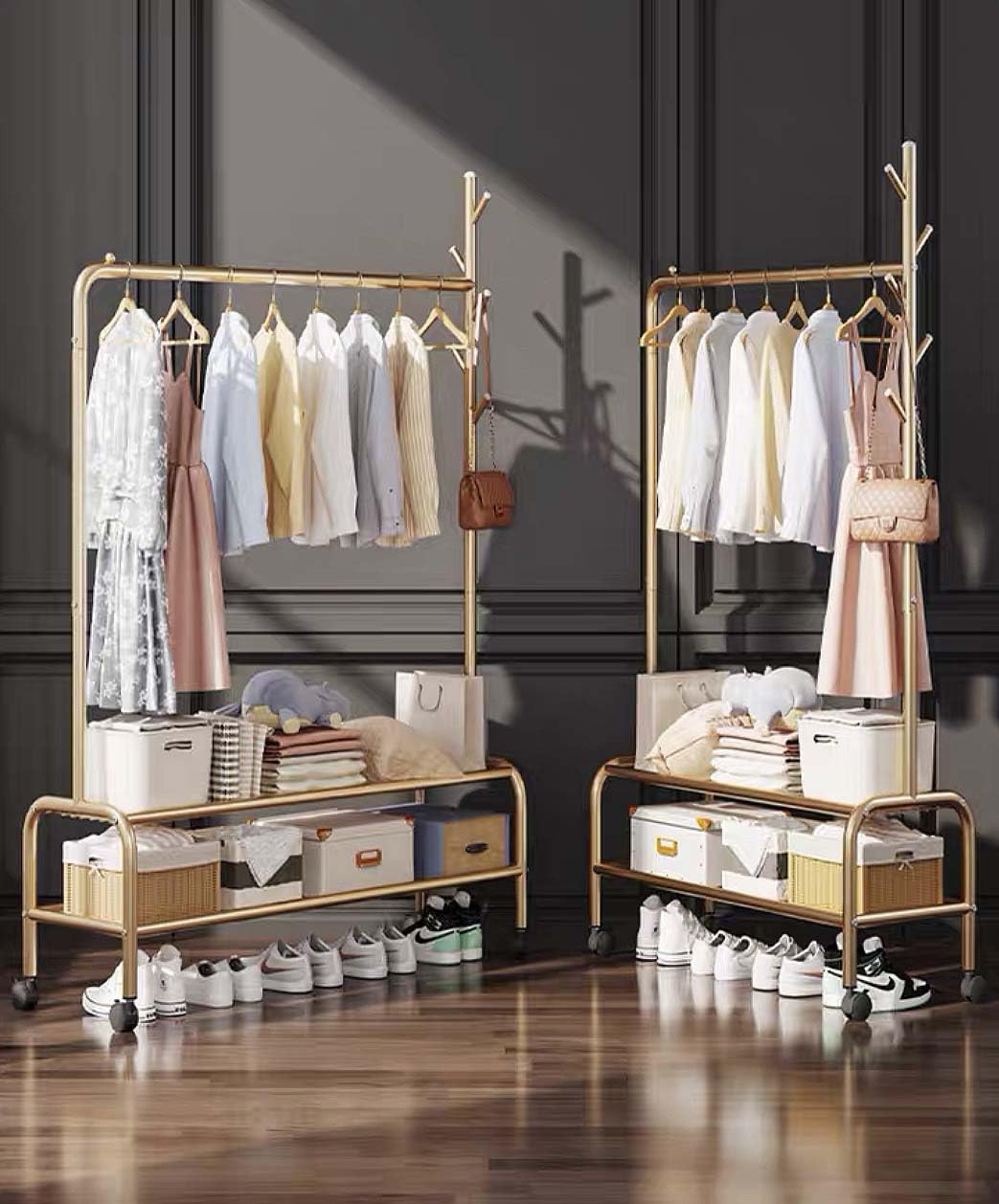 Lukzer Single Pole Portable Metal Garment Rack with 2 Bottom Shelves (MGR-008/Gold)