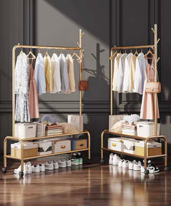 Lukzer Single Pole Portable Metal Garment Rack with 2 Bottom Shelves (MGR-008/Gold)