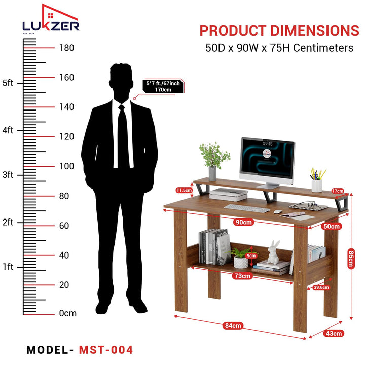 Lukzer Study Table with Monitor Riser & Open Book Shelf (MST-004/Oak Brown)