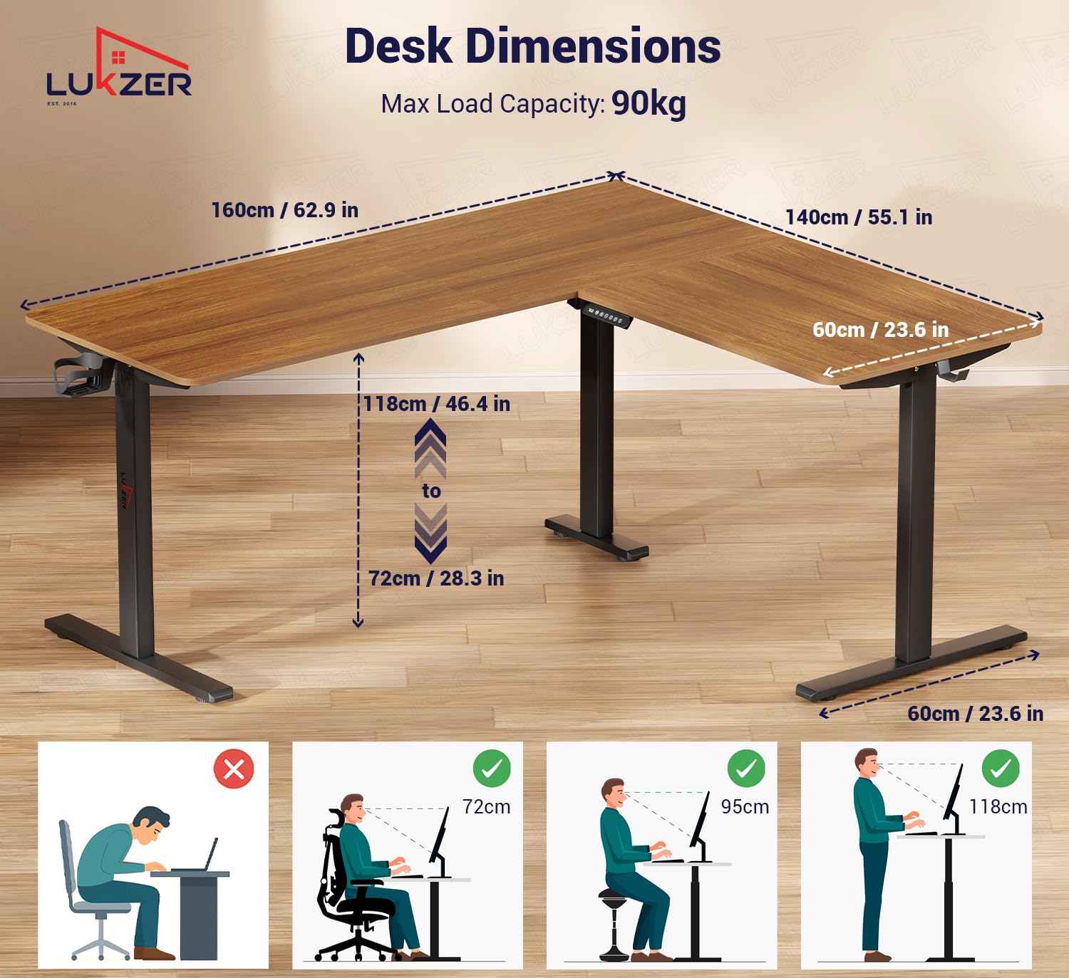 Lukzer L-Shape Electric Height Adjustable Study Desk (EST-001/Black & Oak Brown) 3-Years Warranty