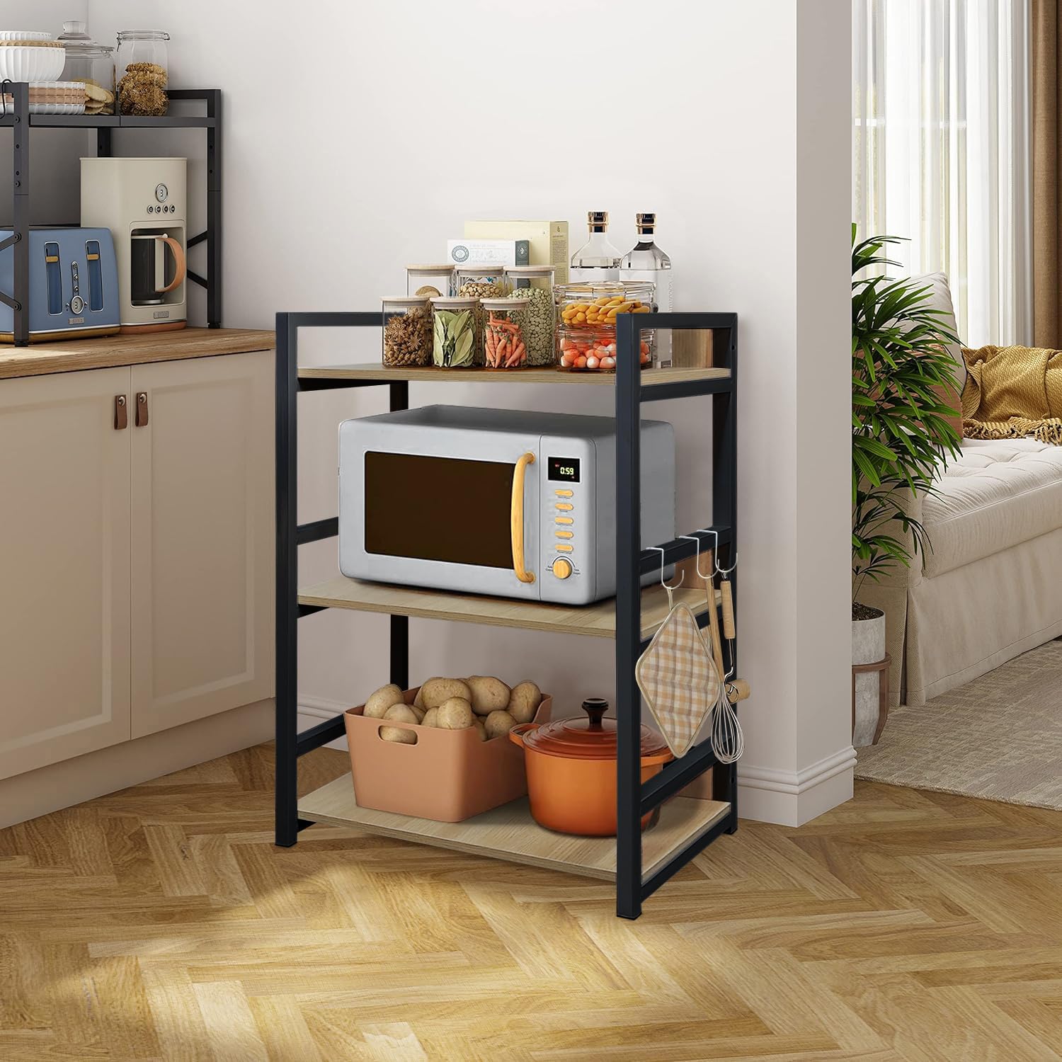 Lukzer 3-Tier Multipurpose Metal & Wood Kitchen Storage Rack (MKR-003/Oak Light with Black)
