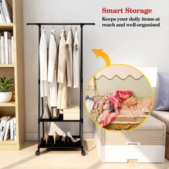 Lukzer A-Shaped Metal Garment Stand with Dual Storage Shelves & Wheels (MGR-010/Black)