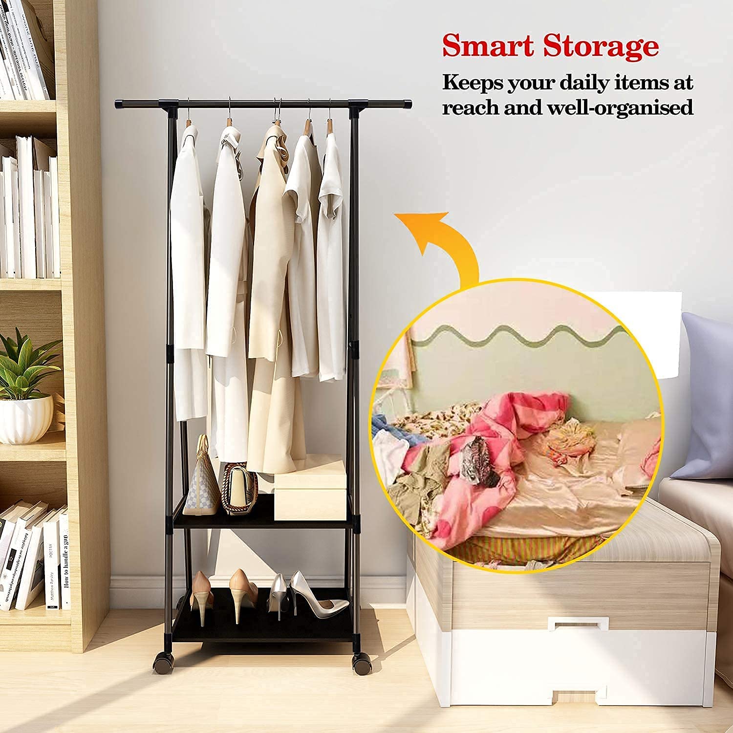 Lukzer A-Shaped Metal Garment Stand with Dual Storage Shelves & Wheels (MGR-010/Black)