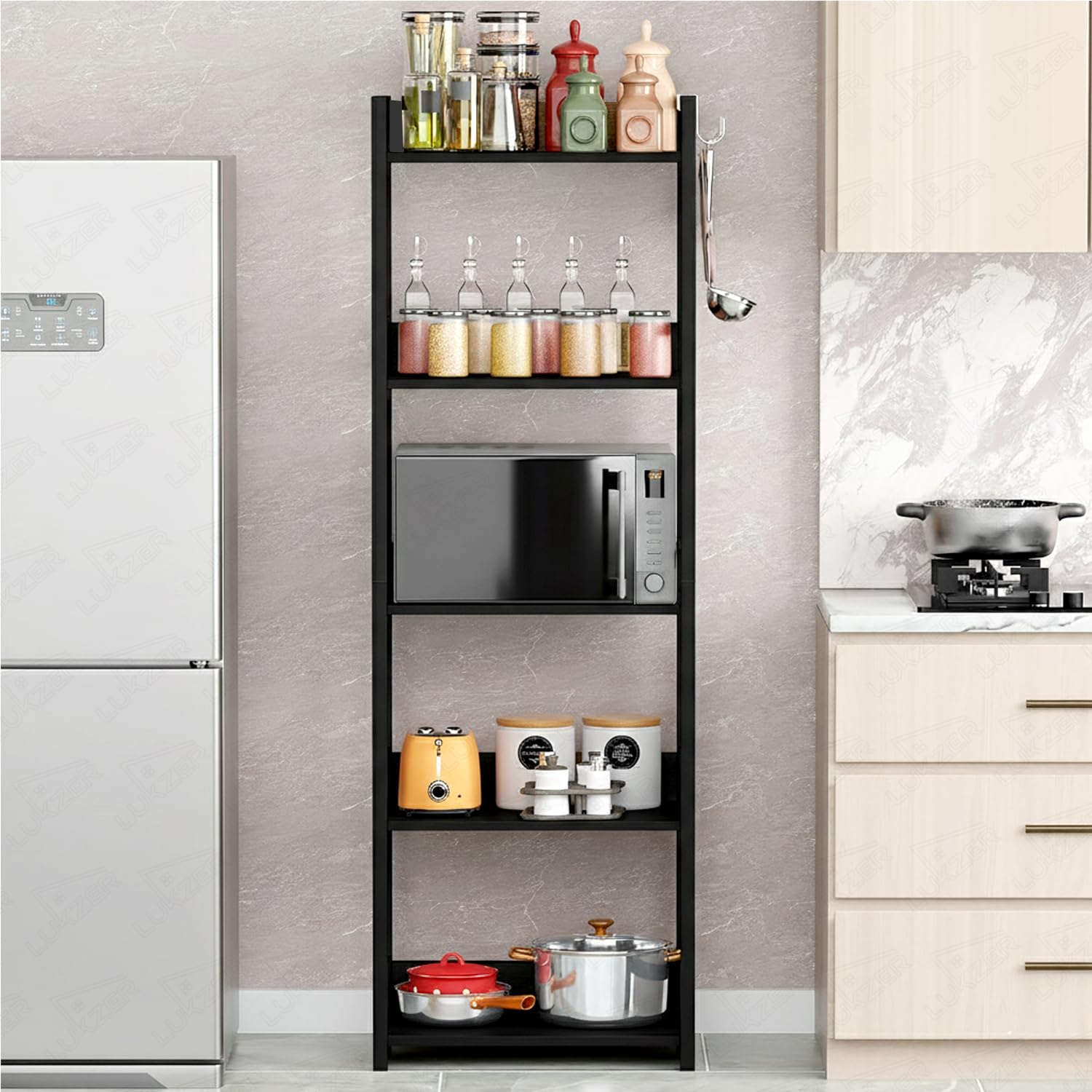 Lukzer 5-Tier Multipurpose Metal & Wood Kitchen Storage Rack (MKR-005/Black & Black)