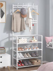 Lukzer Space-Saving Metal Garment Stand with 8 Hangers & 5-Tier Storage – Black/White (170x80x26cm)