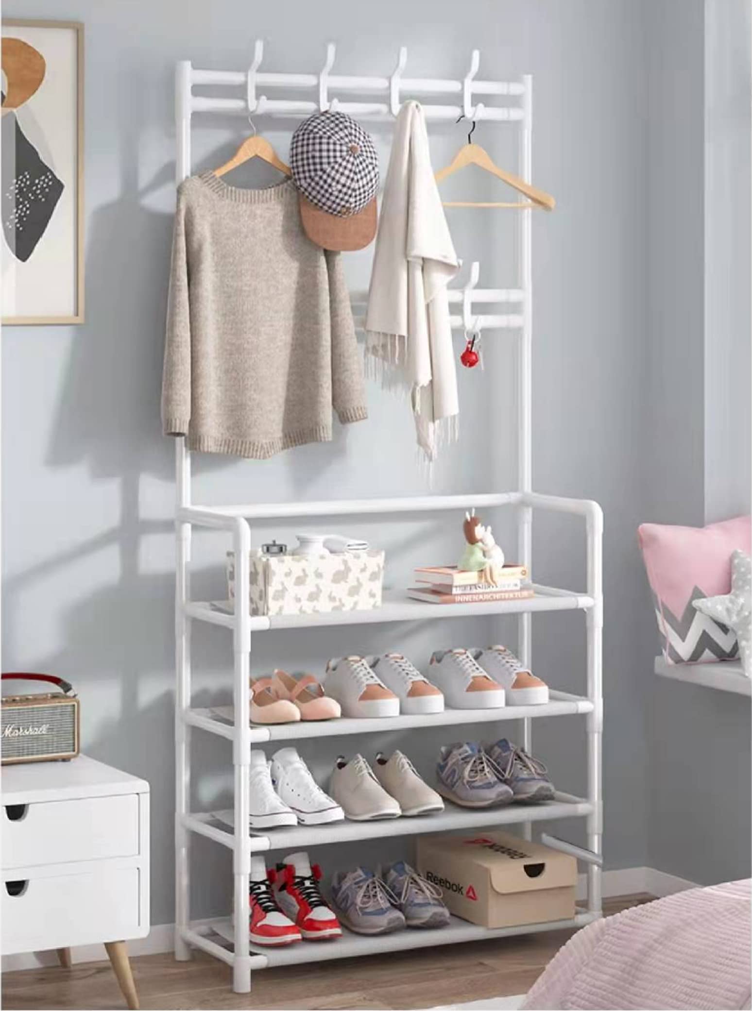 Lukzer Space-Saving Metal Garment Stand with 8 Hangers & 5-Tier Storage – Black/White (170x80x26cm)