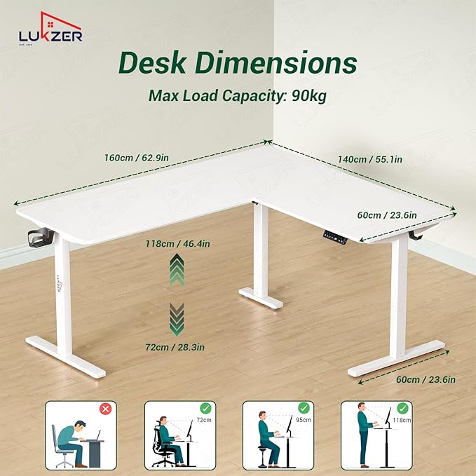 Lukzer Electric Height Adjustable Desk with USB & Type-C Study Table (EST-001/UC-White & White) 3-Years Warranty