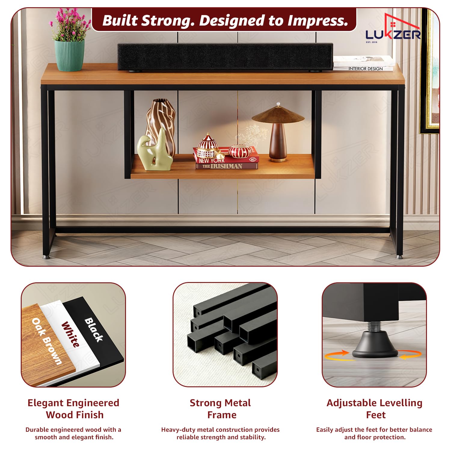 Lukzer TV Unit Stand for TVs up to 43 Inch Engineered Wood with Metal (MTU-002/Black & Oak Brown)