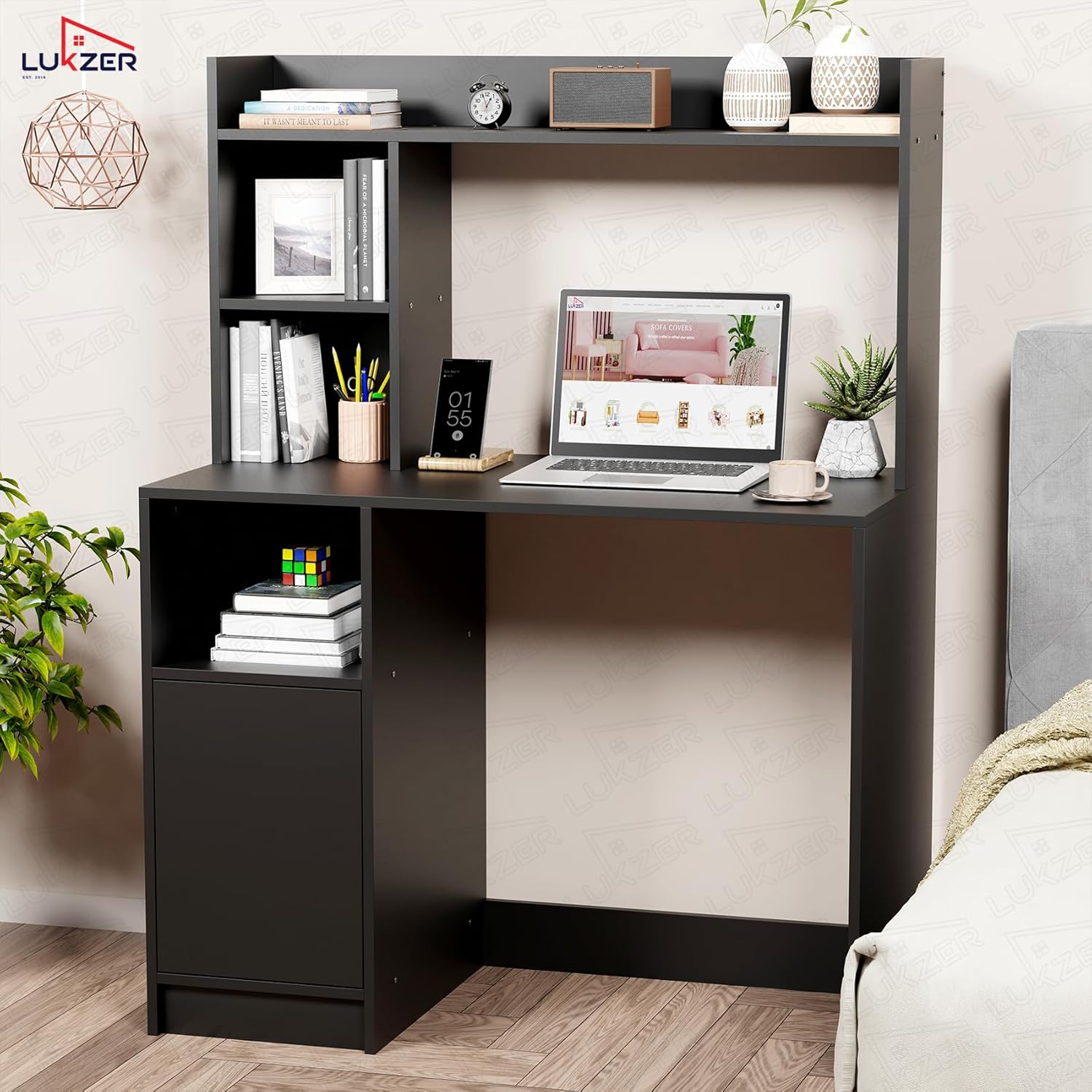 Lukzer Engineered Wood Office Desk & Study Table with Bookshelf & Cabinet (ST-009/Black)