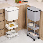Lukzer 3-Tier Rolling Utility Cart with Trash Bin | Slim Plastic & Steel Organizer (PMR-007/White)