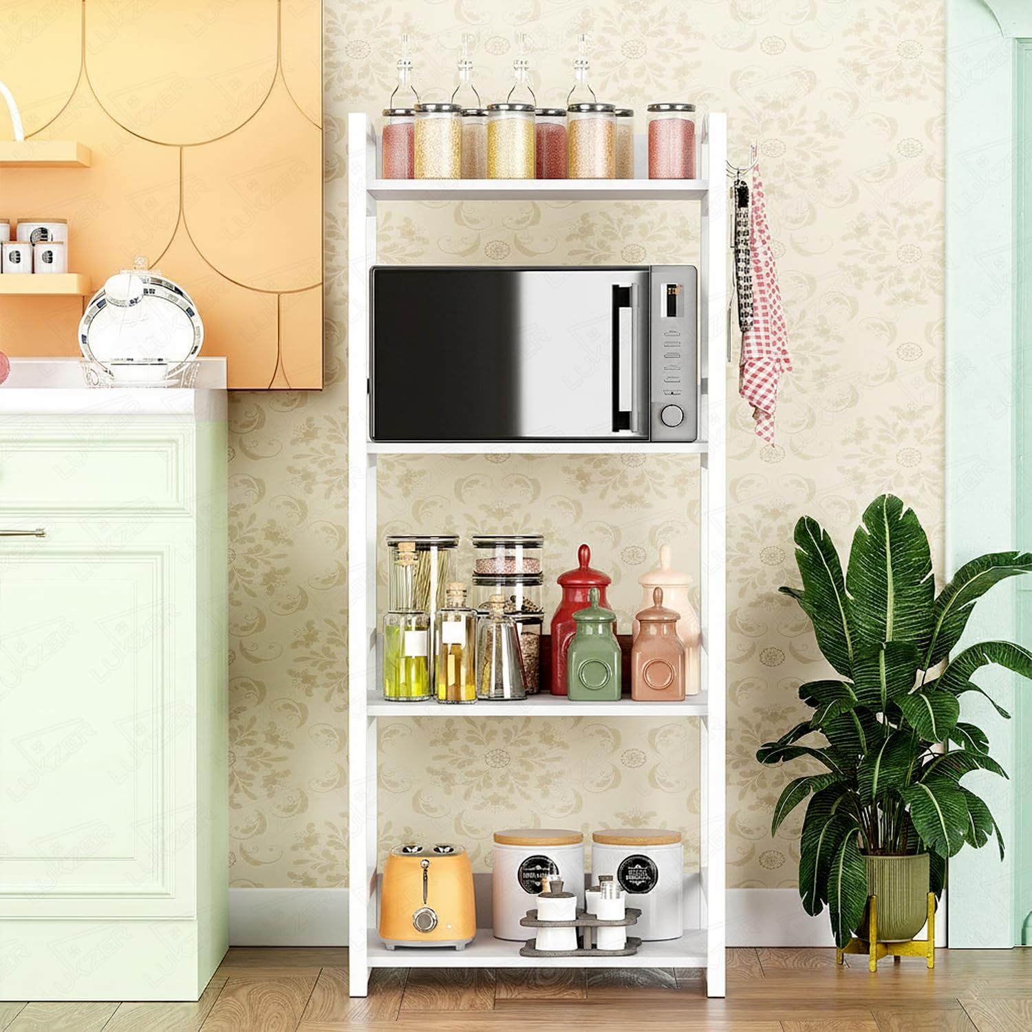 Lukzer 4-Tier Multipurpose Metal & Wood Kitchen Storage Rack (MKR-004/White & White)