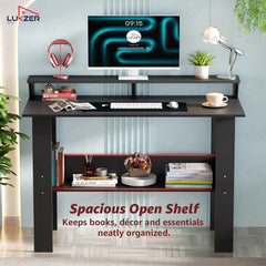 Lukzer Study Table with Monitor Riser & Open Book Shelf (MST-004/Black)