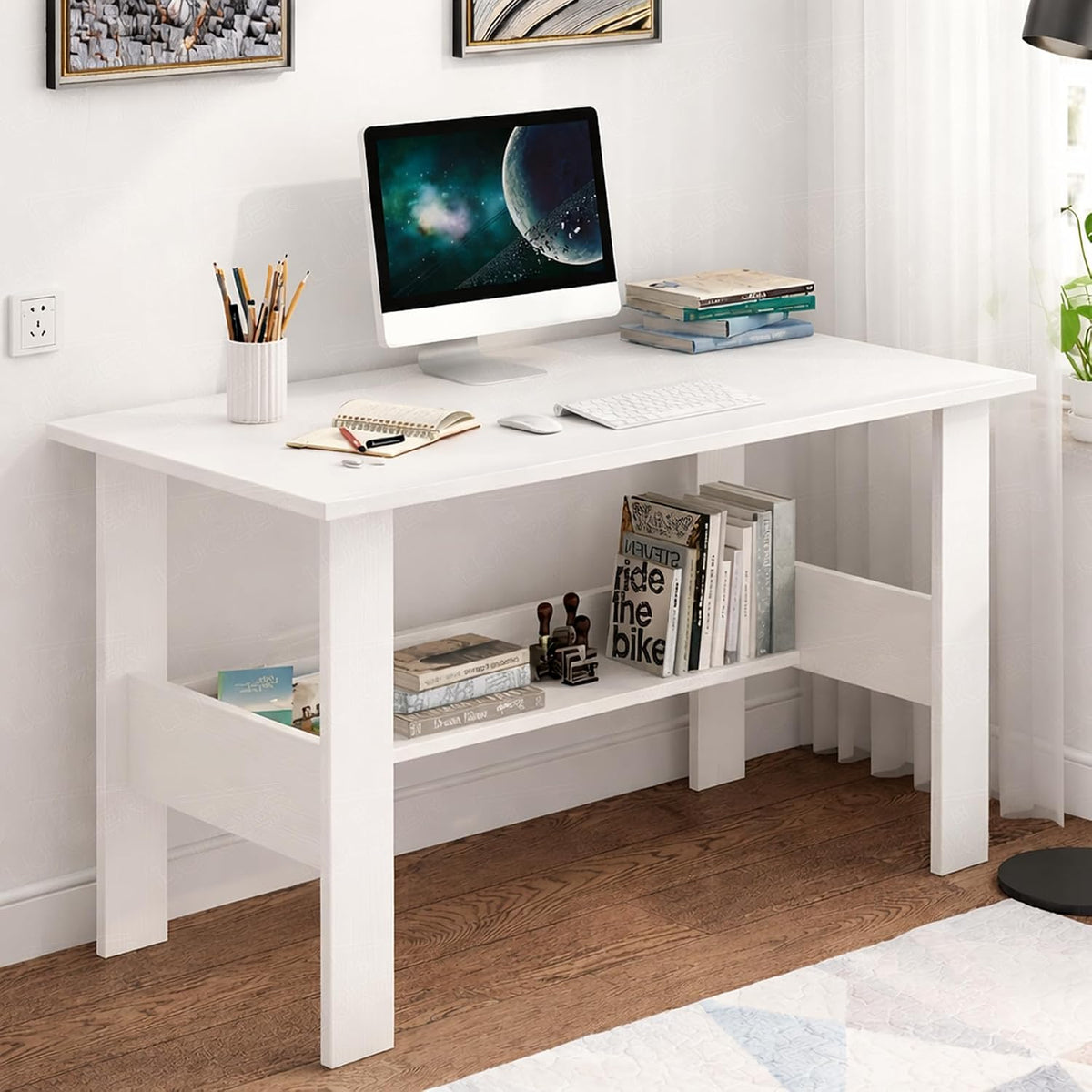 Lukzer Modern Computer Desk with Bookshelf Study Table Made with Engineered Wood (ST-005/White)