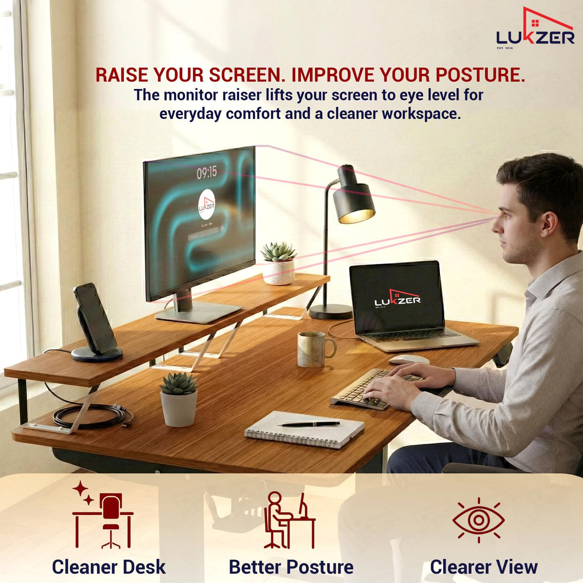 Lukzer Electric Height Adjustable Desk with Monitor Riser USB & Type-C Sit-Stand Table (EST-004-UC/Black & Oak Brown) 3-Years Warranty