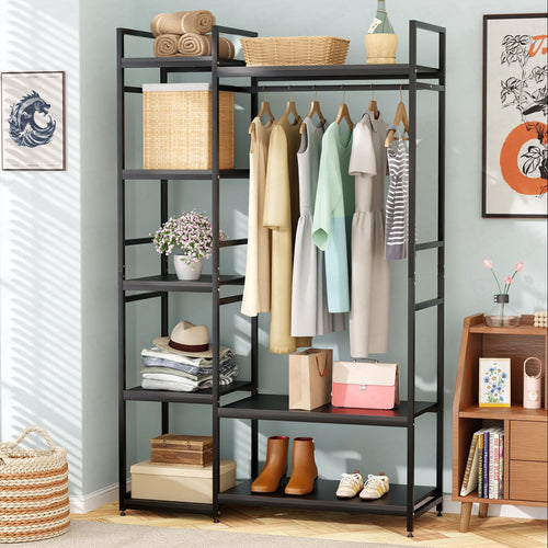 Lukzer Heavy Duty Garment Rack with 8 Shelves & Hanging Rod (MMR-004/Black & Black)