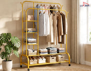Lukzer Metal Garment Stand with 6 Shelves & Double Rods with Side Hooks & Wheels (MGS-008/Gold)
