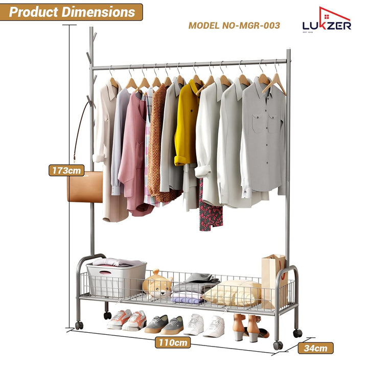 Lukzer Metal Single Rod Clothes Hanging Stand with Bottom Shelf & Lockable Wheels (MGR-003/Grey)