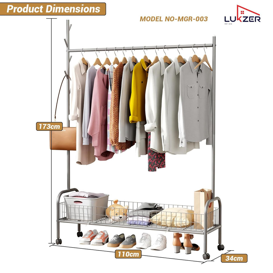 Lukzer Metal Single Rod Clothes Hanging Stand with Bottom Shelf & Lockable Wheels (MGR-003/Grey)