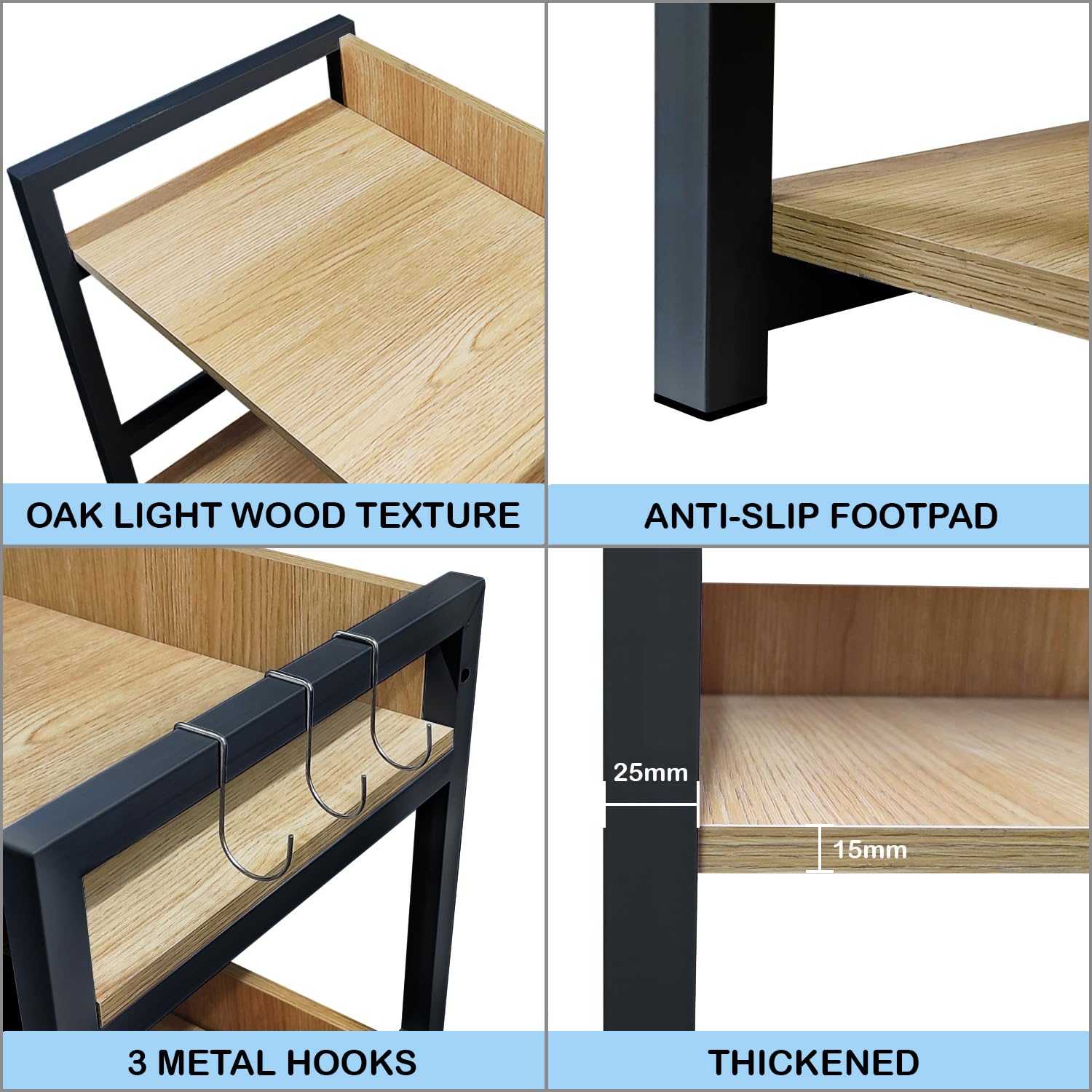 Lukzer 3-Tier Multipurpose Metal & Wood Kitchen Storage Rack (MKR-003/Oak Light with Black)