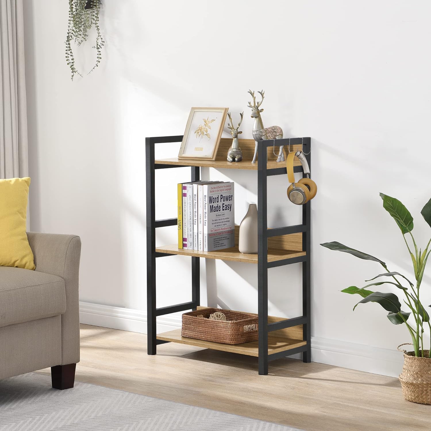 Lukzer 3-Tier Multipurpose Metal & Wood Kitchen Storage Rack (MKR-003/Oak Light with Black)