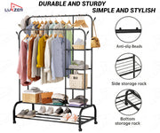 Lukzer Metal Garment Stand with 6 Shelves & Double Rods with Side Hooks & Wheels (MGS-008/Black)