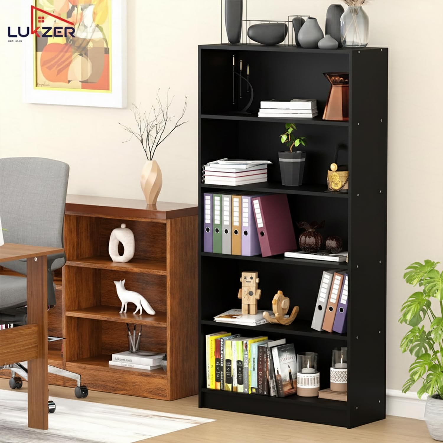 Lukzer Engineered Wood 6 Tier Bookcase Open Bookshelf & Display Rack (MR-032/Black)