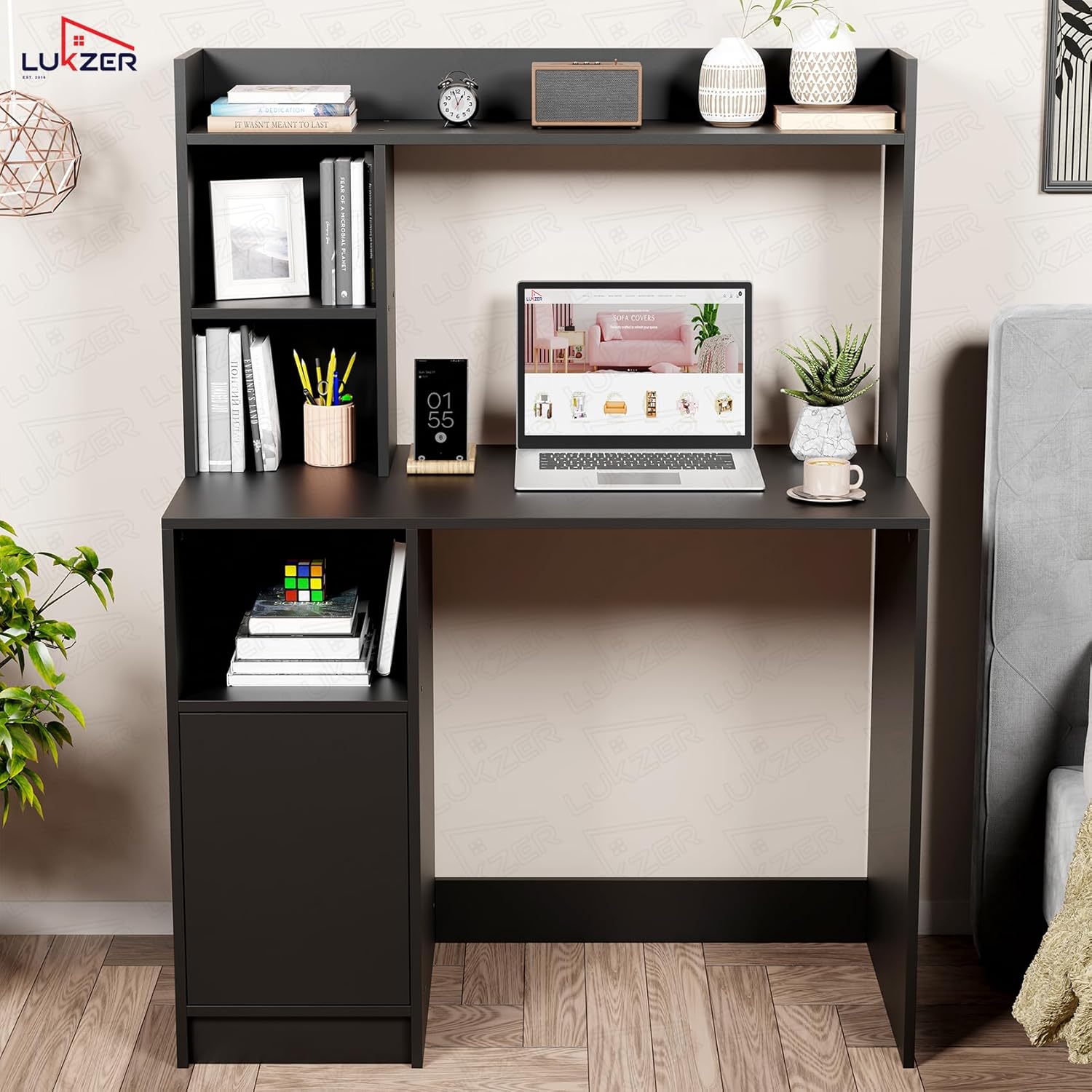 Lukzer Engineered Wood Office Desk & Study Table with Bookshelf & Cabinet (ST-009/Black)