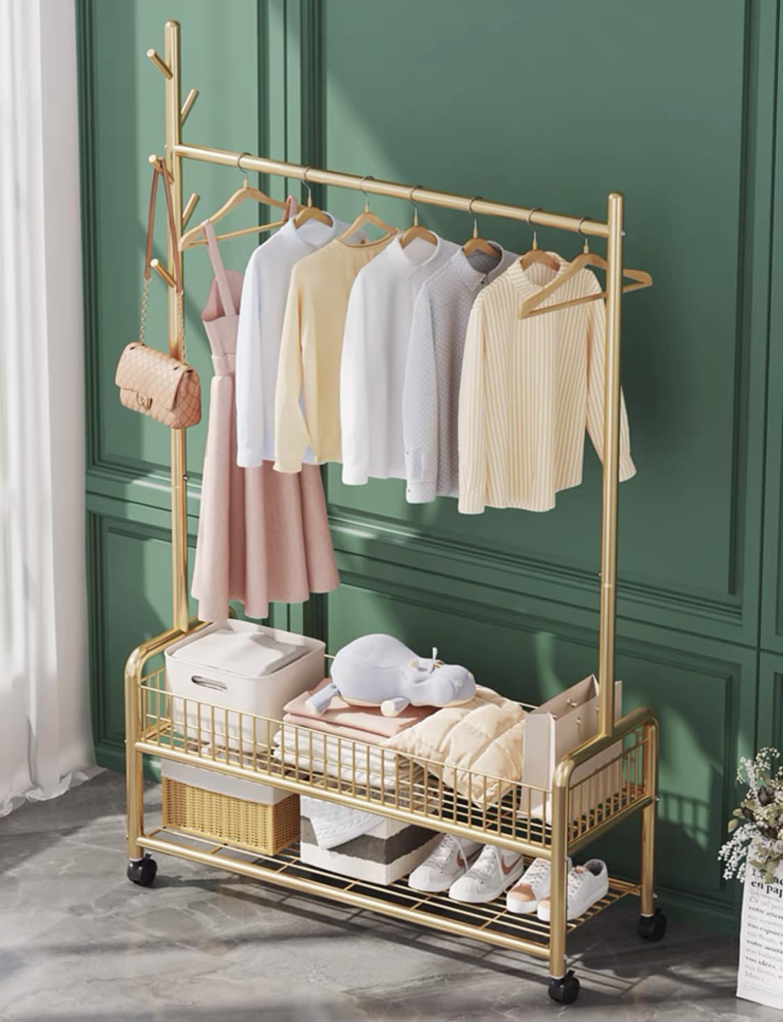 Lukzer Metal Single Rod Clothes Hanging Stand with Double Shelf & Lockable Wheels (MGR-004/Gold)