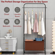 Lukzer Metal Clothes Rail Stand with Leather Storage Bin & Wheels (MGR-009/Black)