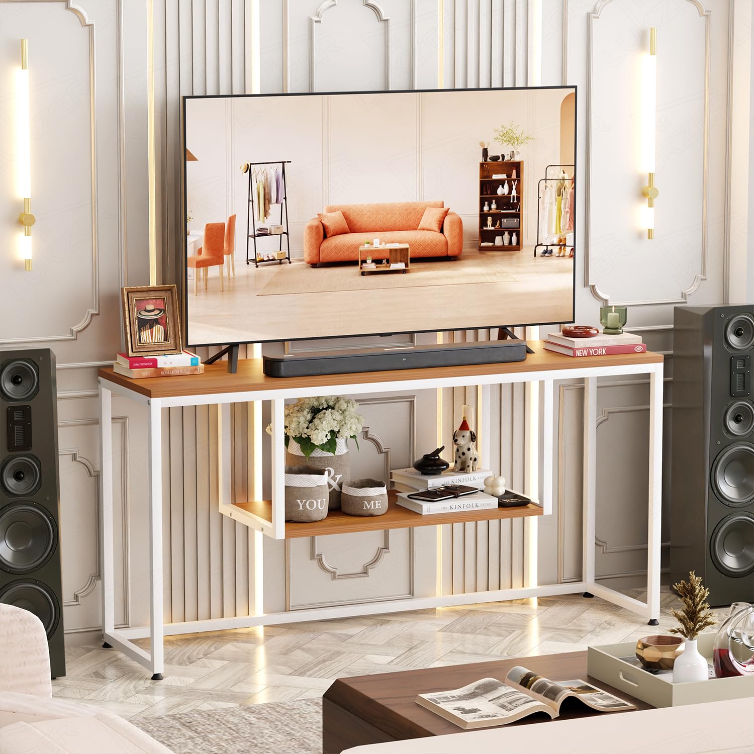 Lukzer TV Unit Stand for TVs up to 43 Inch Engineered Wood with Metal (MTU-002/White & Oak Brown)