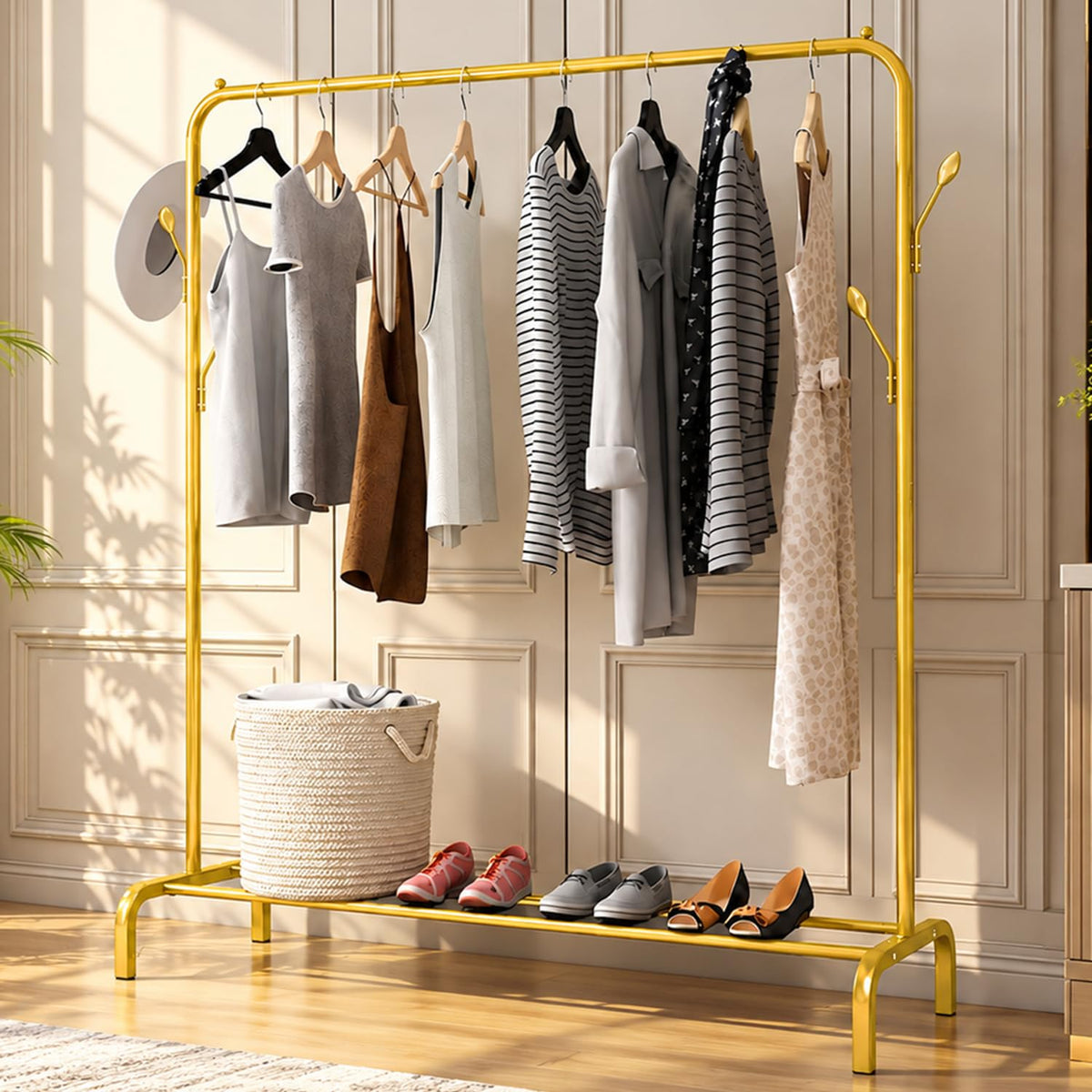 Lukzer Freestanding Metal Cloth Stand with Storage Shelf (MGS-001/Gold)