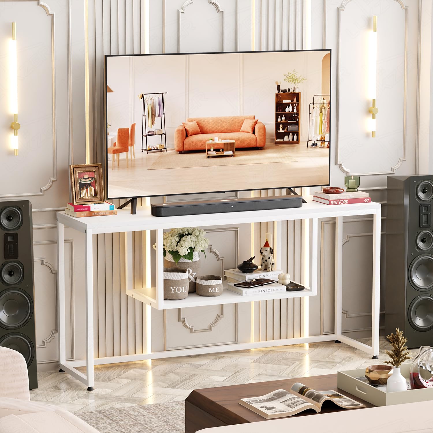 Lukzer TV Unit Stand for TVs up to 43 Inch Engineered Wood with Metal (MTU-002/White & White)