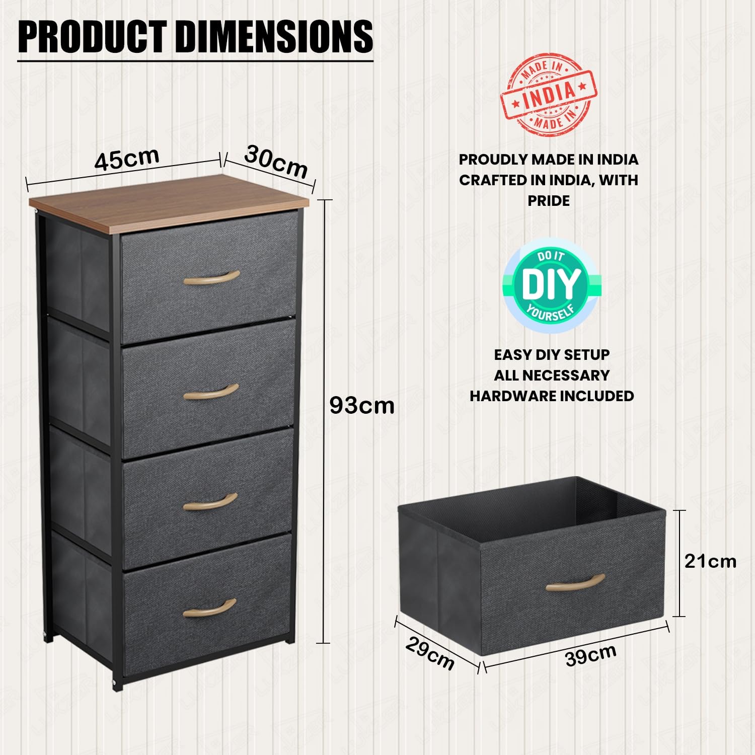 Lukzer 4-Drawer Fabric Storage Organizer for Closet (MMR-002/Black & Oak Brown)