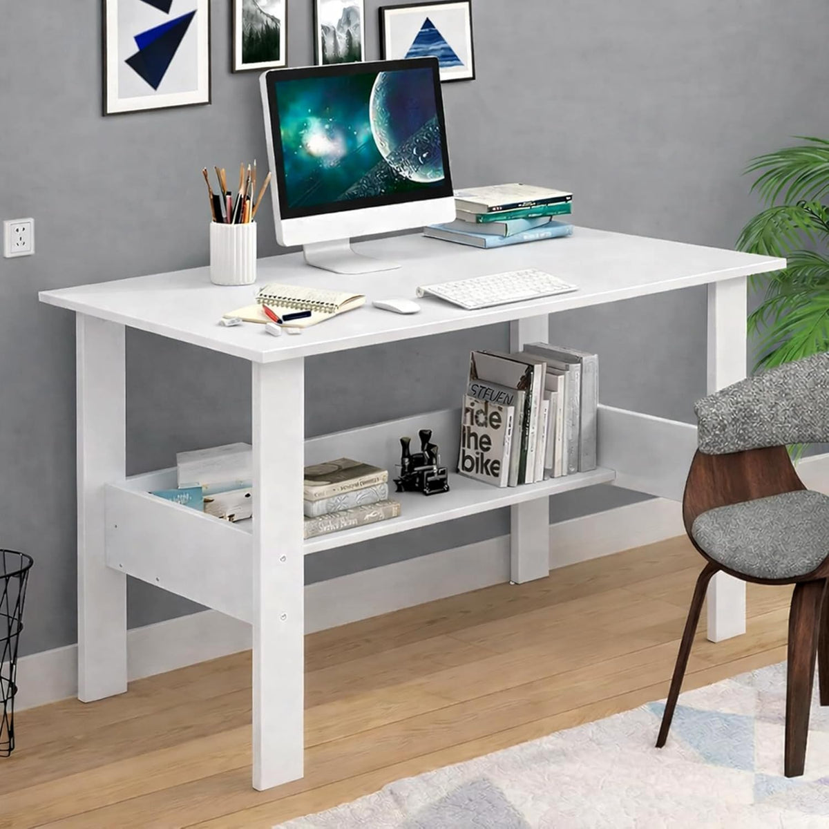 Lukzer Modern Computer Desk with Bookshelf Study Table Made with Engineered Wood (ST-005/White)