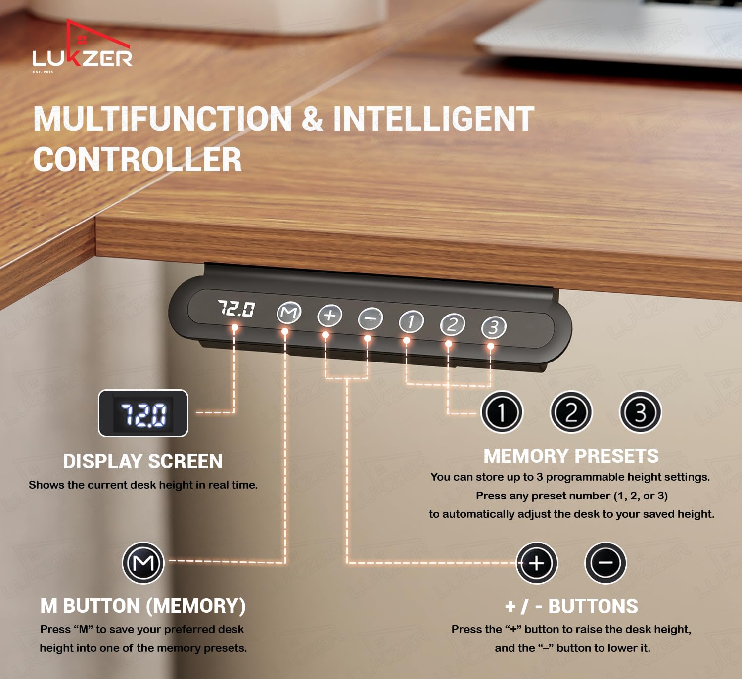 Lukzer L-Shape Electric Height Adjustable Study Desk (EST-001/Black & Oak Brown) 3-Years Warranty