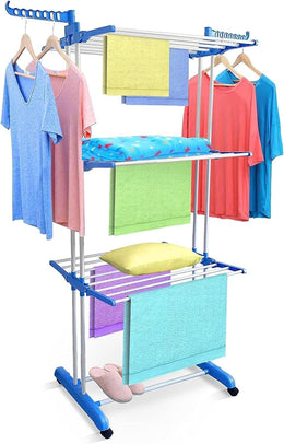 Lukzer 3-Tier Foldable Clothes Drying Rack with Wheels | Stainless Steel Laundry Stand | Space-Saving, Heavy-Duty, Rust-Resistant for Indoor Outdoor Use – Towels, Clothes, Bedsheets