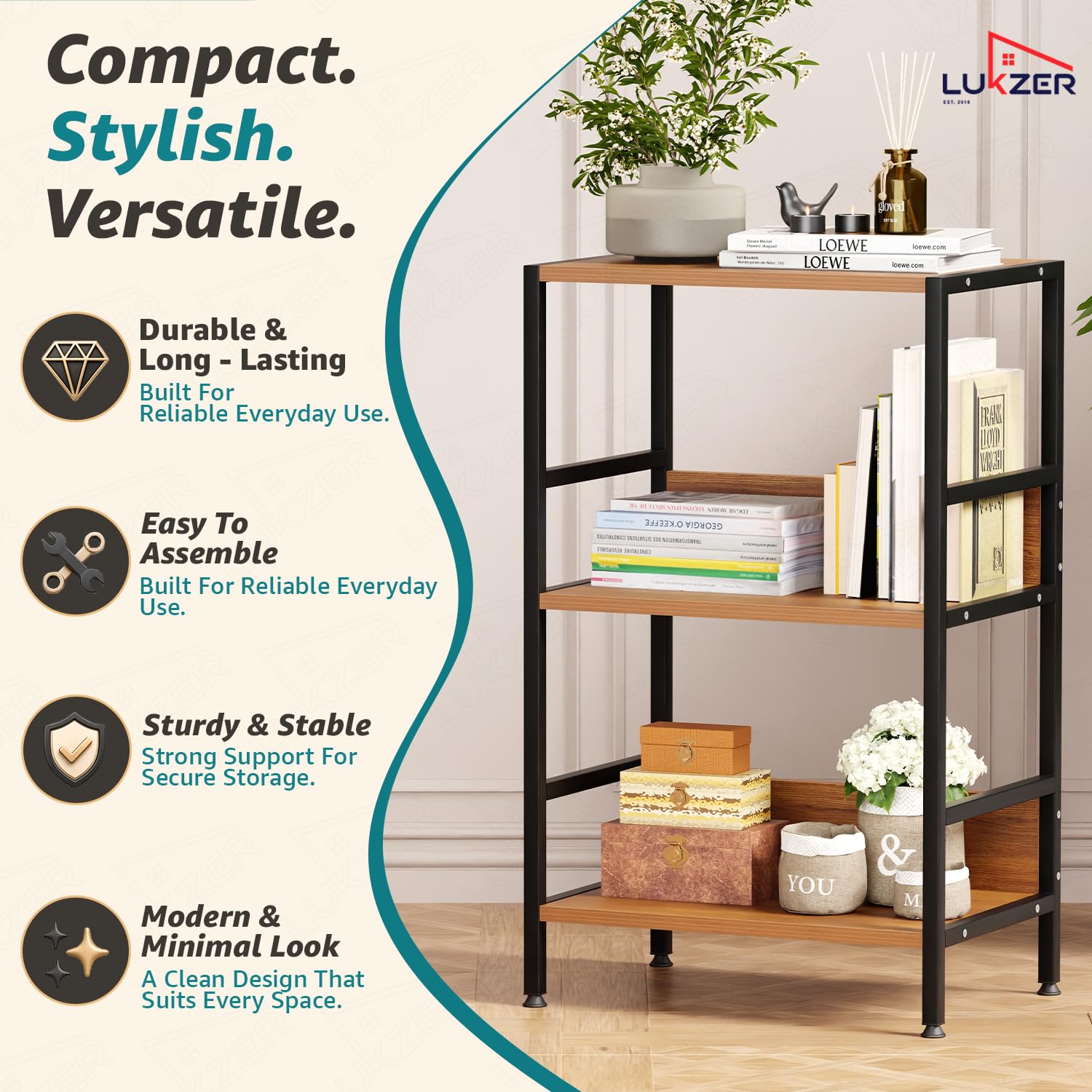 Lukzer 3-Tier Wooden Bedside Table for Bedroom & Multipurpose Open Storage Shelf (MMR-006-Black & Oak Brown)