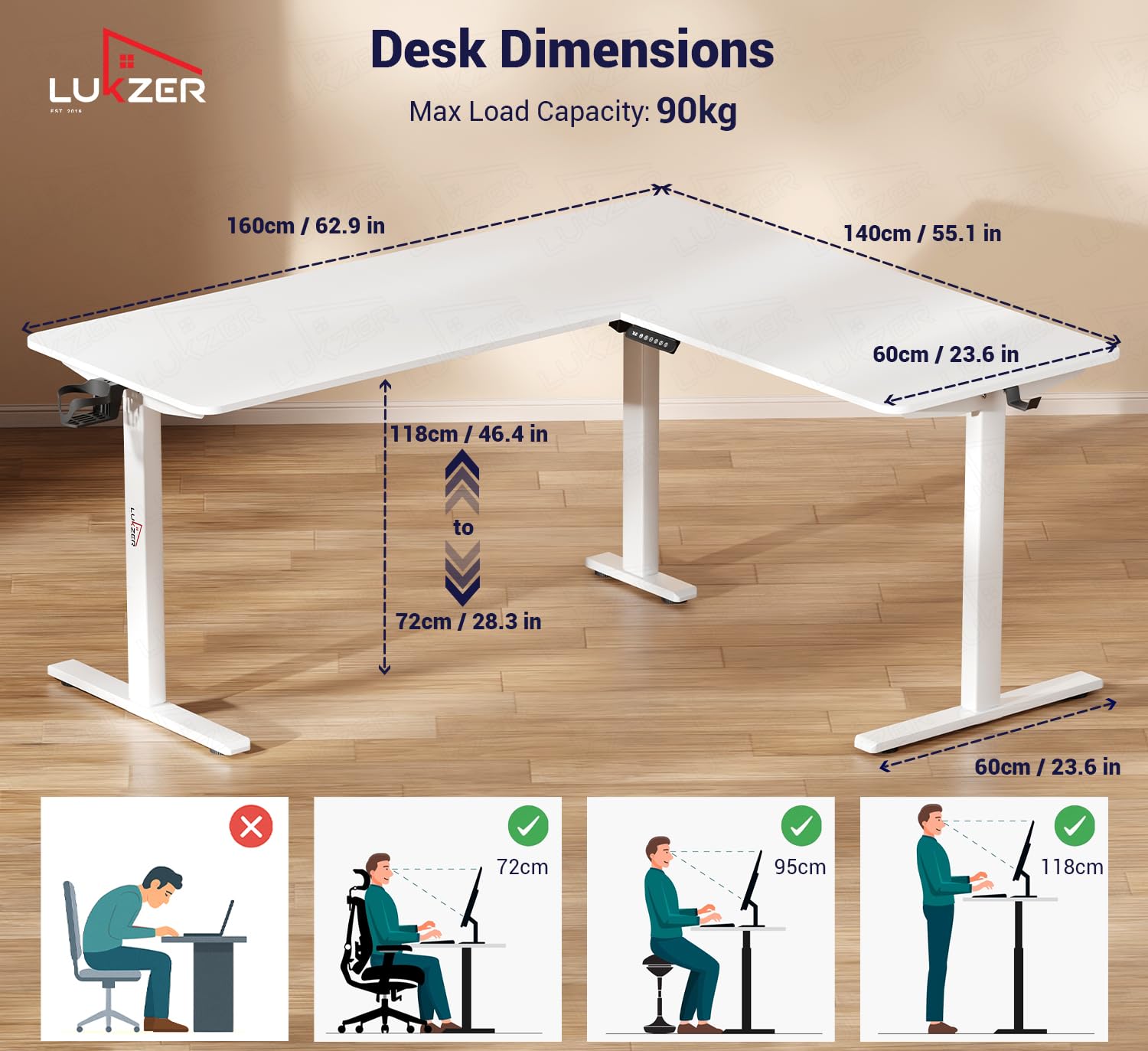 Lukzer L-Shape Electric Height Adjustable Study Desk (EST-001/White & White) 3-Years Warranty