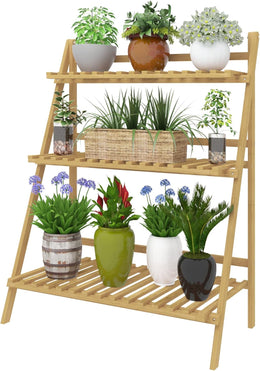 Lukzer 3-Tier Bamboo Plant Stand for Indoor & Outdoor | Wooden Ladder Flower Pot Rack for Balcony, Garden, Living Room | Multipurpose Natural Finish Shelf for Potted Plants, Storage & Home Decor