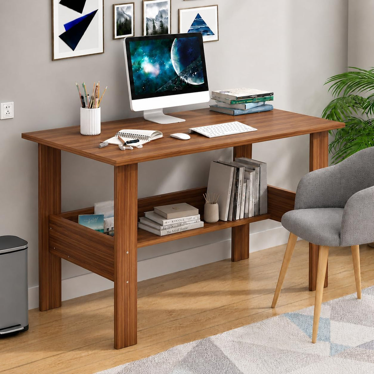 Lukzer Modern Computer Desk with Bookshelf Study Table Made with Engineered Wood (ST-005/Oak Brown)