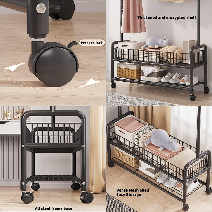 Lukzer Heavy-Duty Portable Metal Clothes Rack with Double Rod & Bottom Shelf (MGR-002/Black)