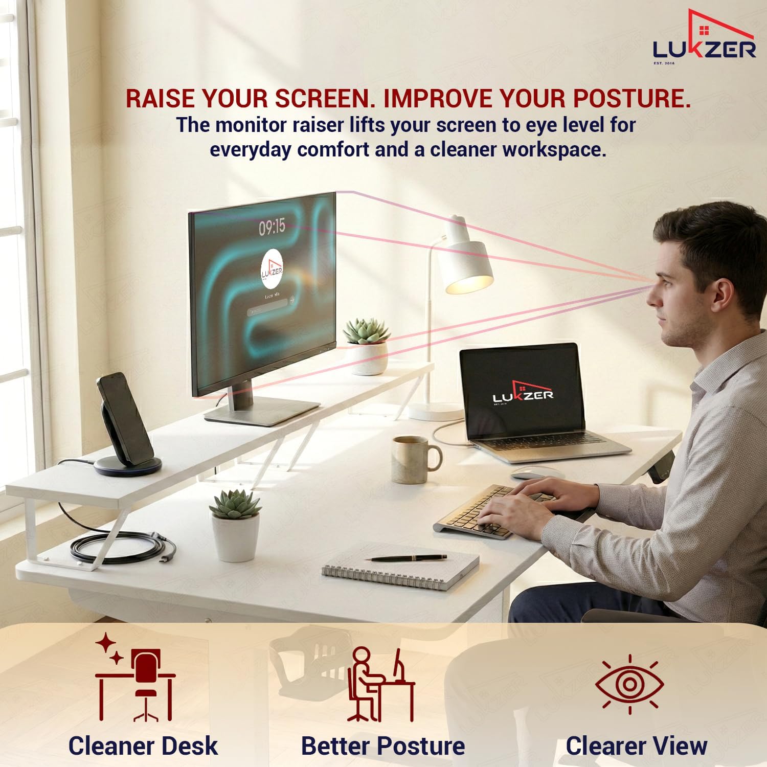 Lukzer Electric Height Adjustable Desk with Monitor Riser USB & Type-C Sit-Stand Table (EST-004-UC/White & White) 3-Years Warranty