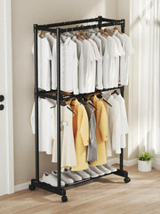 Lukzer Double-Pole Metal Multipurpose Clothes Organizer with Wheels (CGS-004/Black)